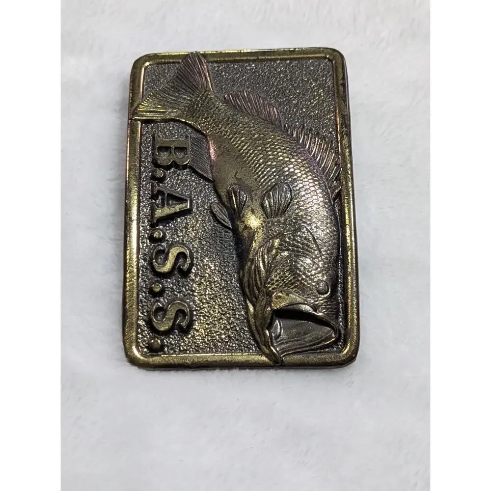 Vintage 80s BASS Belt Buckle Bass Anglers Sportsman Society Gold Metal Fishing